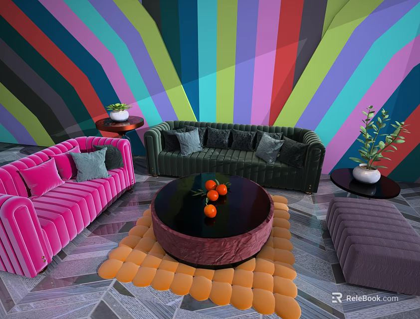 Pink Green Velvet Sofa and Coffee Table Set With Colorful Striped Wall Orange Circular Rug 3d model 