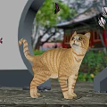 Orange Cat Standing in Courtyard with Butterflies Magnolia Flowers and Traditional Chinese Architecture