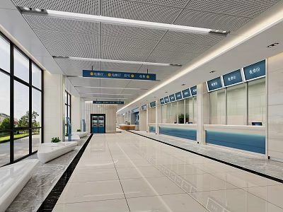 Modern Public Service Hallway With Glass Partition Counters Large Windows And Tile Floor 3d model