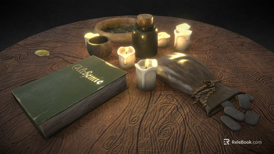 Ornamental Decor Set With Candles Vintage Book Jar And Pouch On Wooden Table 3d model 