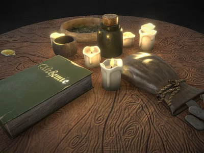 Ornamental Decor Set With Candles Vintage Book Jar And Pouch On Wooden Table 3d model