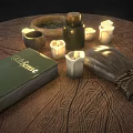 Ornamental Decor Set With Candles Vintage Book Jar And Pouch On Wooden Table