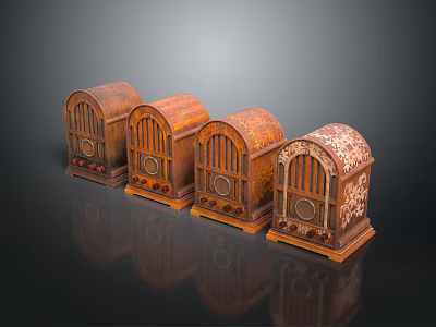 Vintage Wooden Radios With Intricate Designs Arranged In A Row For Electronic Collection 3d model