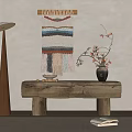 Wooden Console Table With Macramé Wall Hanging Floor Lamp And Flower Branch Decor