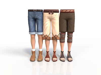 Realistic Style Shorts Set Denim Shorts Linen Shorts Striped Shorts Brown Sandals Roll-up Jeans Strap Sandals Striped Leg Guard Clothes 3d model