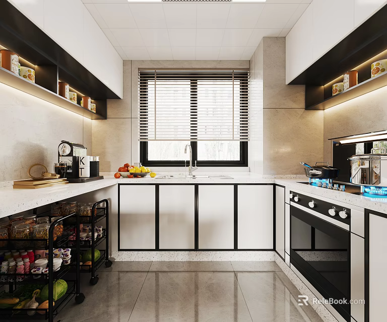 Modern Kitchen Interior With White Black Cabinets Window Blinds Countertop Fruits And Appliances 3d model 