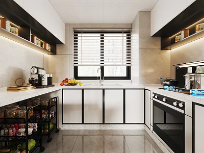 Modern Kitchen Interior With White Black Cabinets Window Blinds Countertop Fruits And Appliances 3d model