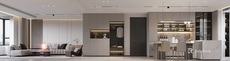 Modern Living and Dining Room Interior With Open Layout Sofa Dining Table And Lighting 3d model