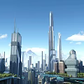 Futuristic City Architecture With Tall Skyscrapers Modern Design Flying Vehicles And Mountain Backdrop