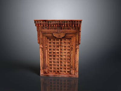 Traditional Wooden Carved Decorative Panel With Intricate Lattice Design And Ornate Top 3d model
