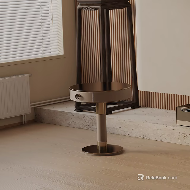 Round Modern Bedside Table With Single Drawer And Metal Base Near Window On Light Floor 3d model 