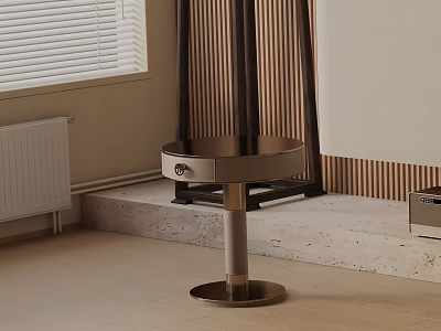 Round Modern Bedside Table With Single Drawer And Metal Base Near Window On Light Floor 3d model