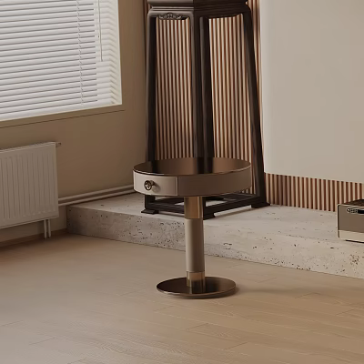 Round Modern Bedside Table With Single Drawer And Metal Base Near Window On Light Floor 3d model