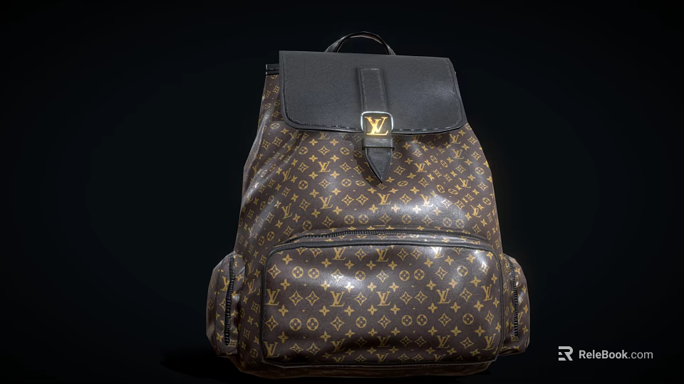 Luxury Designer Backpack With Classic Monogram Pattern Black Leather Top And Gold Buckle 3d model 
