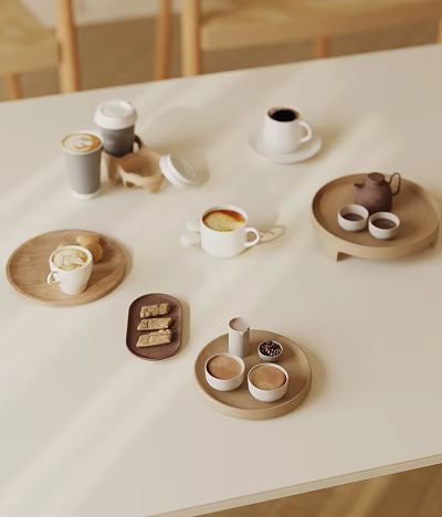 Cozy Everyday Living Coffee Tea Sets With Ceramic Cups Wooden Trays And Snacks 3d model