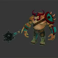 Game Movie Character With Red Horns Green Shoulder Armor Holding Spiked Hammer And Brown Pants