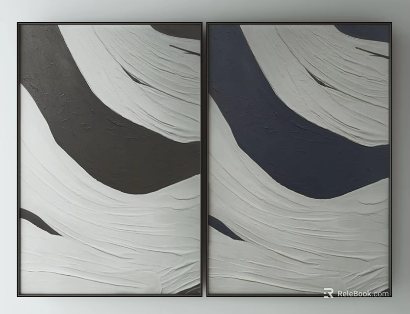 Abstract Paintings With Black White Gray Wavy Textures And Black Frames 3d model