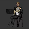 Man in Black Suit With Bow Tie Playing French Horn on Chair Near Music Stand