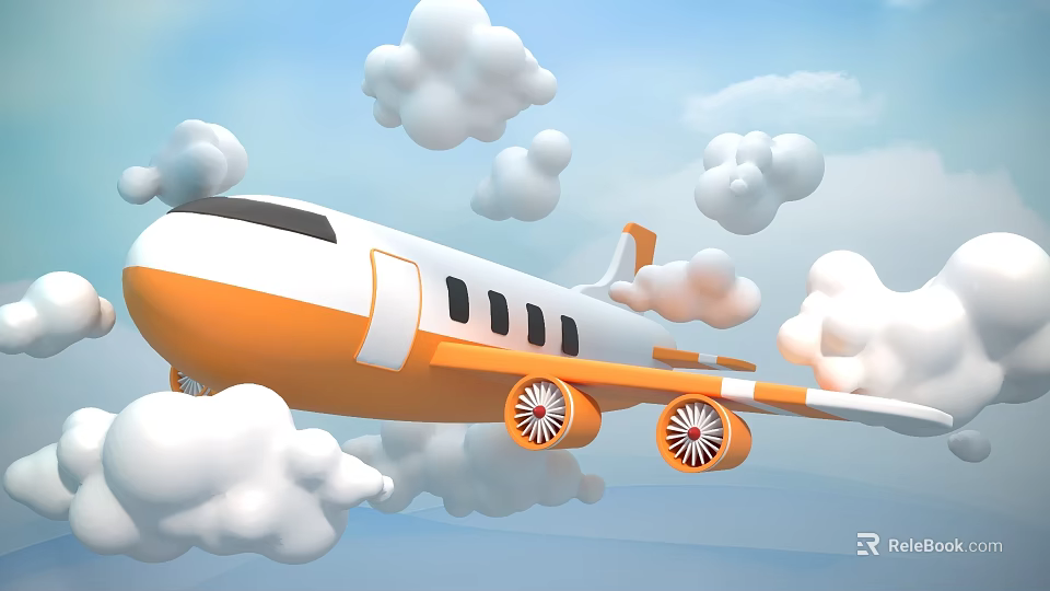 Commercial Aircraft With Orange And White Body Flying Through Clouds For Business Transport 3d model 