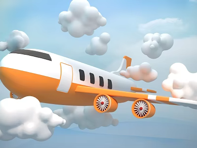 Commercial Aircraft With Orange And White Body Flying Through Clouds For Business Transport 3d model