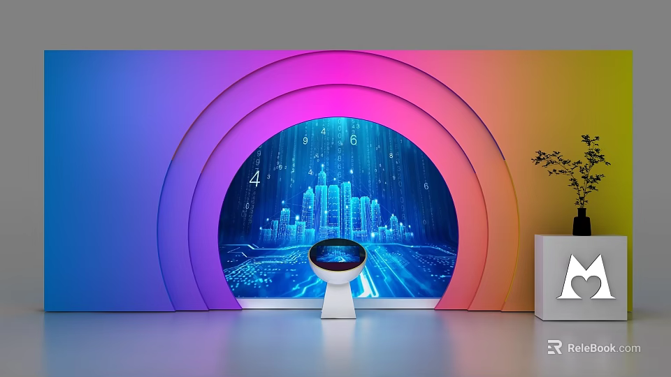 Smart Public Facility With Colorful Curved Walls Digital City Buildings Display And Circular Device 3d model 