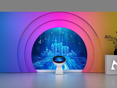 Smart Public Facility With Colorful Curved Walls Digital City Buildings Display And Circular Device 3d model