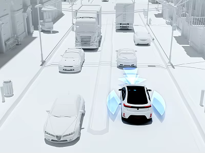 Cartoon Scene Featuring Autonomous Cars and Trucks on Urban Street with Blue Lights 3d model