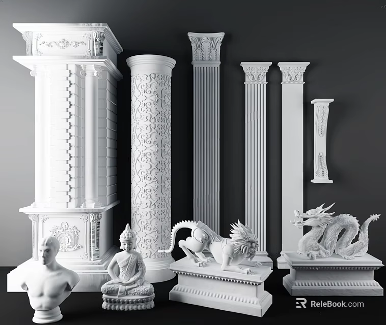 Roman Columns with Intricate Carvings and Various Animal and Human Sculptures in Classical 3d model 