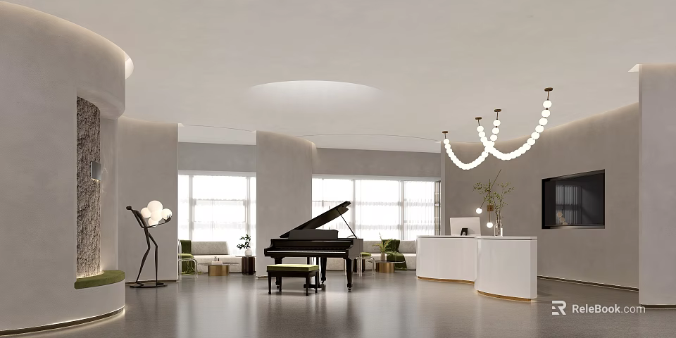 Modern Leisure Area Interior With Grand Piano Beaded Chandelier Large Windows And Green Plants 3d model 