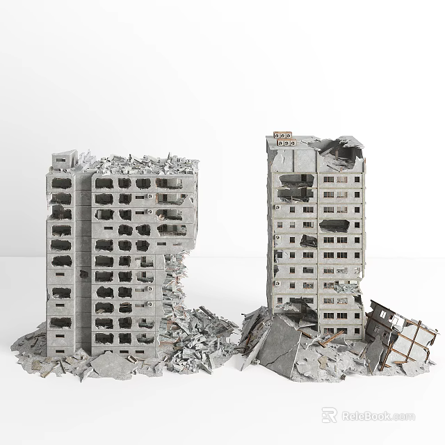 Damaged High Rise Building Structures With Collapsed Sections And Scattered Debris 3d model