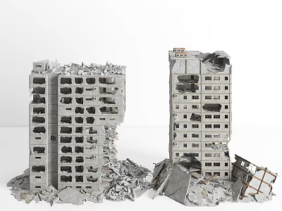 Damaged High Rise Building Structures With Collapsed Sections And Scattered Debris 3d model