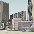 Modern Commercial Street With Tall Buildings Shops And Urban Pedestrian Area