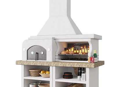 White Fireplace With Oven Burning Flames Marble Countertop Open Shelves Baskets Fruits Plates And Bottles 3d model