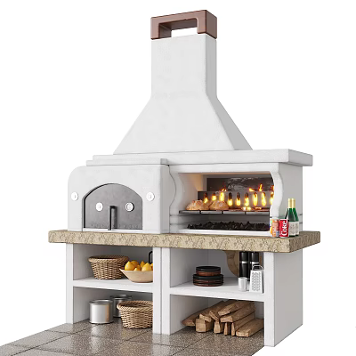 White Fireplace With Oven Burning Flames Marble Countertop Open Shelves Baskets Fruits Plates And Bottles 3d model