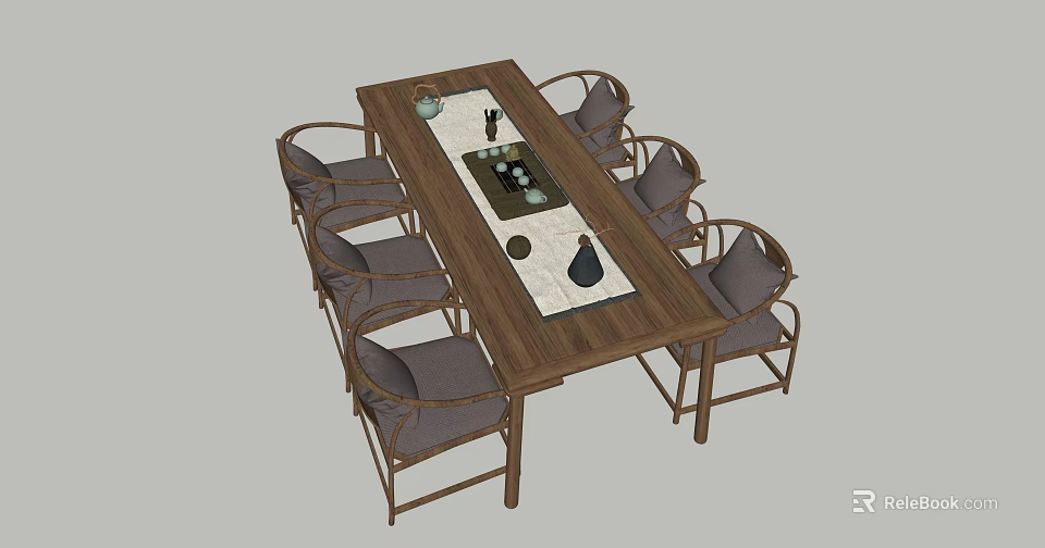 Chinese Style Rectangular Wooden Tea Table and Six Curved Backrest Chairs with Tea Set 3d model 