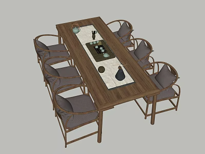 Chinese Style Rectangular Wooden Tea Table and Six Curved Backrest Chairs with Tea Set 3d model