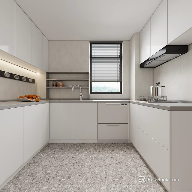 Modern Kitchen Interior With White Cabinets Light Countertop Window Range Hood And Dishwasher 3d model 