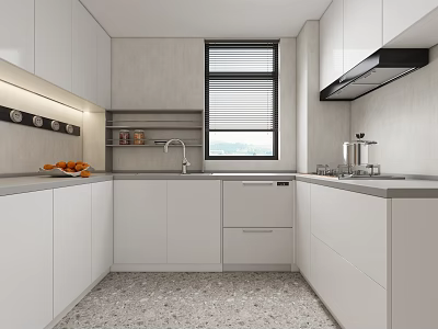 Modern Kitchen Interior With White Cabinets Light Countertop Window Range Hood And Dishwasher 3d model
