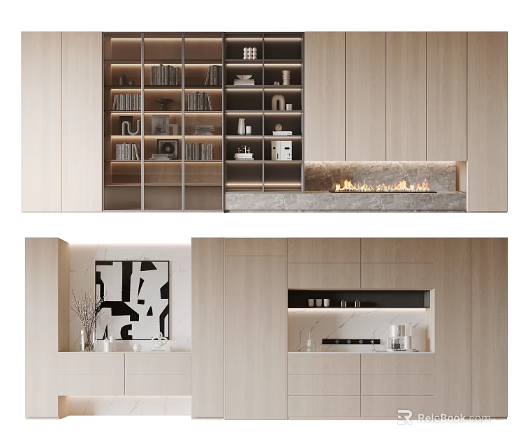 Modern Home Interior With Light Wood Decorative Cabinet Featuring Glass Doors And Fireplace 3d model 