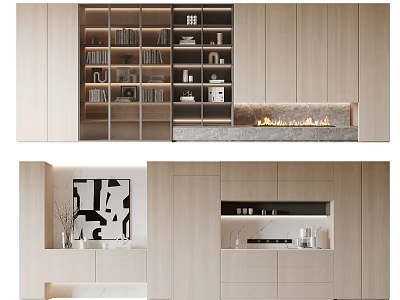 Modern Home Interior With Light Wood Decorative Cabinet Featuring Glass Doors And Fireplace 3d model