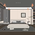 Modern Bedroom Interior With Quilted Bedspread Pillows Framed Artwork Area Rug And Wooden Flooring