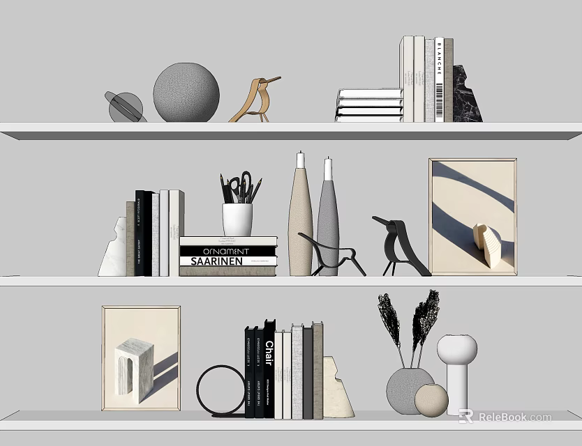 Modern White Shelves Decorative Display With Books Sculptures Vases Spherical Decor And Framed Art 3d model 