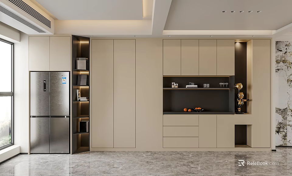 Modern Kitchen Sideboard Design With Beige Cabinets Black Countertop And Open Shelves 3d model 