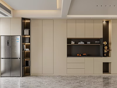 Modern Kitchen Sideboard Design With Beige Cabinets Black Countertop And Open Shelves 3d model