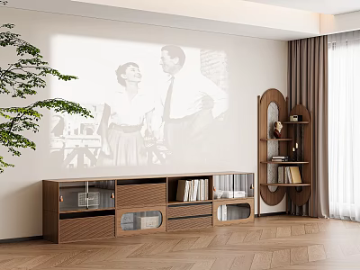 Wooden TV Stand With Storage Compartments And Curved Bookshelf For Living Room Projection Setup 3d model