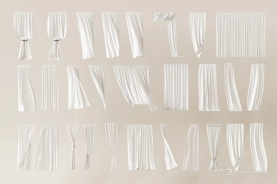 White Curtains In Various Styles Including Pleated Draped And Tied Designs 3d model