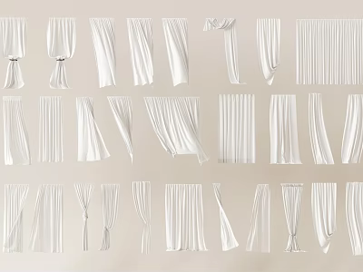 White Curtains In Various Styles Including Pleated Draped And Tied Designs 3d model