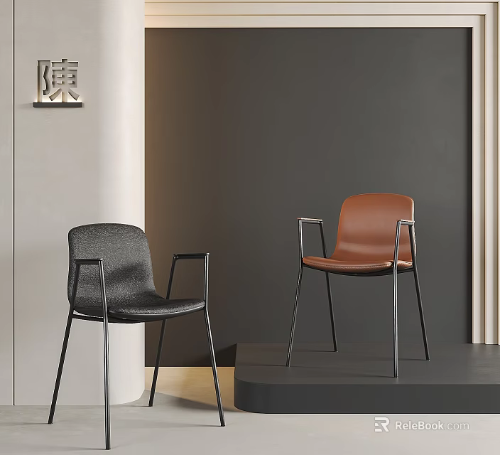 Contemporary Leisure Chairs With Gray Fabric Brown Leather And Metal Frames In Modern Showroom 3d model 