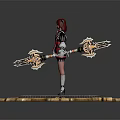 Fantasy Female Character With Red Hair And Creature Holding Staff On Gear Platform