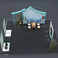 Interactive Zone Featuring Blue Tent like Structure Traditional Lanterns Tables Chairs And Decorative Plants